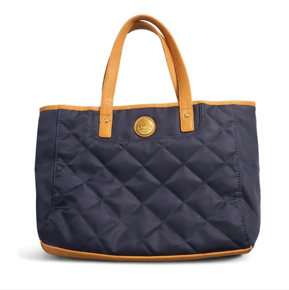 Tommy Hilfiger Quilted Nylon Tote Bag Navy Tan Medium EUC